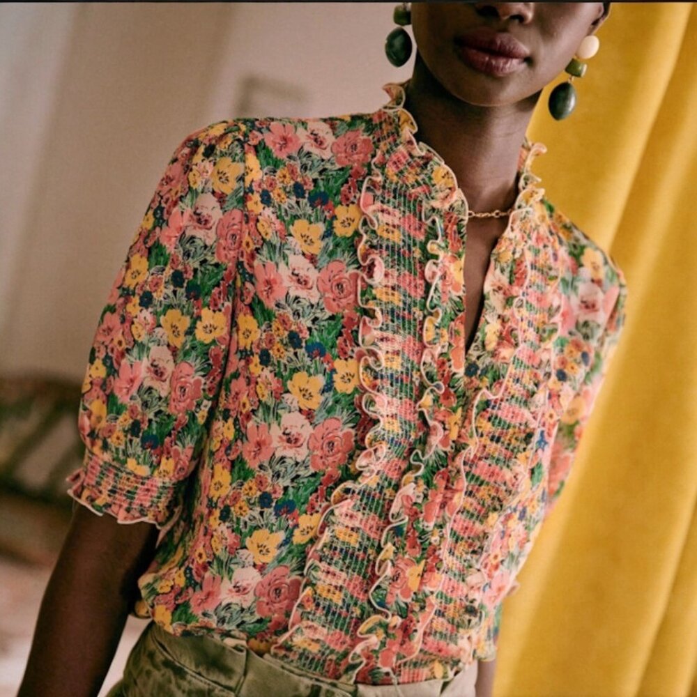 Sézane Noah Floral Ruffled Blouse in Jardin Pastel Size FR 44/US 12 - Picture 2 of 16